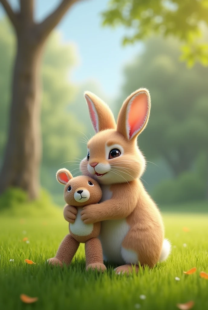 A more photorealistic image of A rabbit with a plush toy in a green and expansive park.