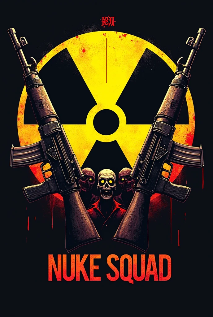 Create a logo with the nuclear radiation symbol, next to two AK47s pointed upwards. In the background zombies with blood. Below the logo written NUKE SQUAD, com fonte Times New Roman. Above the logo the acronym NKS.