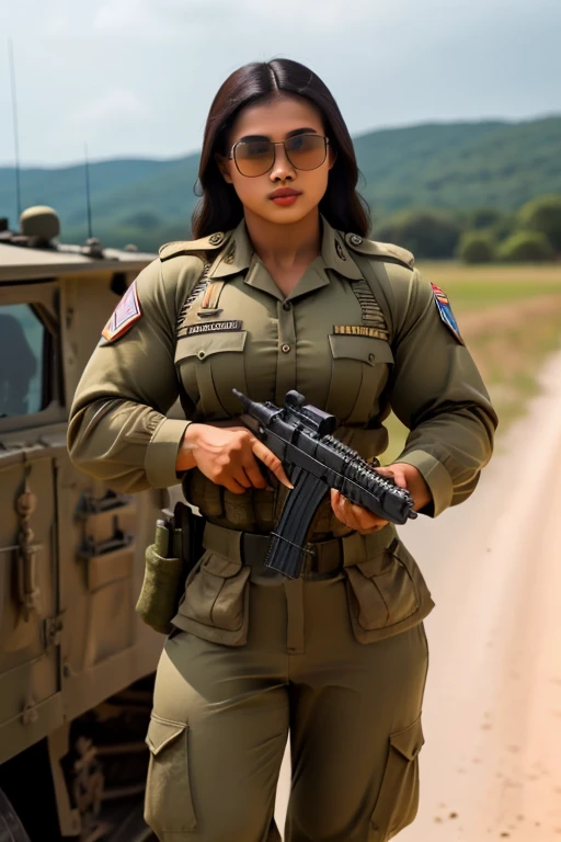 Realistic Malay cute girl holding a automatic rifle and aiming to shoot , fair and glossy skin, muscular body, Blackhair, Sun glasses, wearing military uniform, with a battlefield background, in 1942s