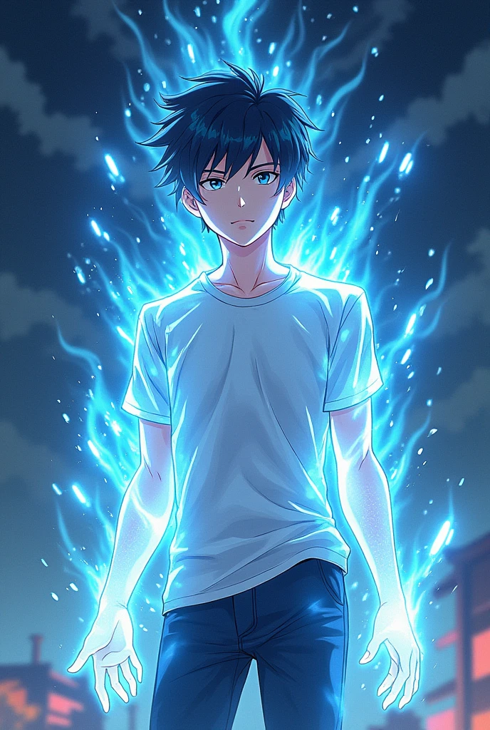 A 19 year old boy with light energy around him full body in anime style