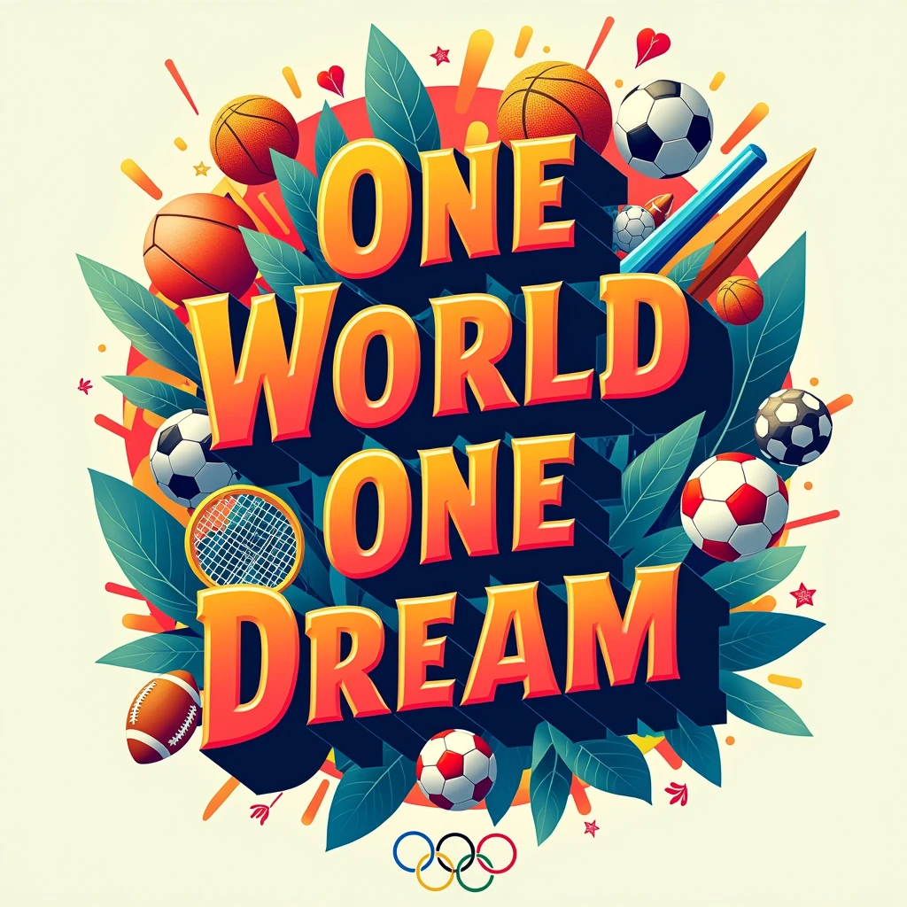 Typography Poster design, flat art, ball sports, Olympic theme, text "One World One Dream", vivid, masterpiece, best quality, Professional, ultra-detailed, intricate details
