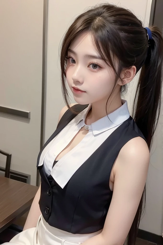 A high school girl in a formal outfit with a sleeveless shirt。Silky ponytail。