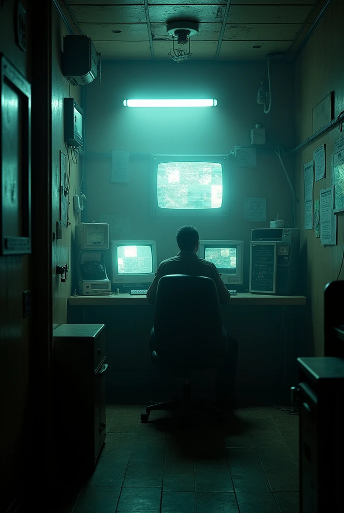 Make an eerie security office for a diner and make it grainy and like 1993