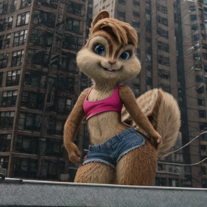 score_9, score_8_up, score_7, score_6, New York City, brittany miller, chipmunk, furry, short ears, pink tank top, jean jacket, jean shorts, looking at viewer , 6 inches tall,