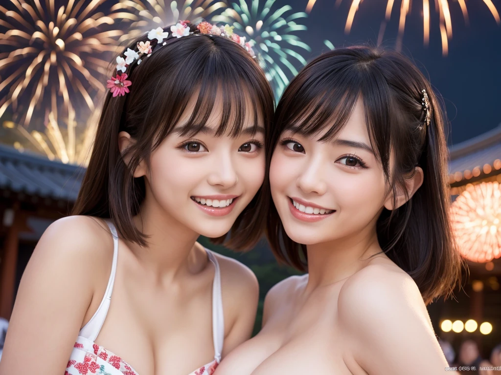 (NSFW),(2 girls),(((Highest quality, 8k, masterpiece))), (crowd, Photo of beautiful Japanese idols in japanese shrine),Sharp focus, (Beautiful woman with perfect figure), thin, (Hairstyle: Excellent)), street: 1.2. Highly detailed face and skin textures, detailed eyes, double eyelids, random poses, (A smile that puts the viewer at ease:1.3), beauty Japanese girl, Realistic Face,Summer festival ,Beautiful Teeth , Fireworks Background.(Bursting with huge breasts)