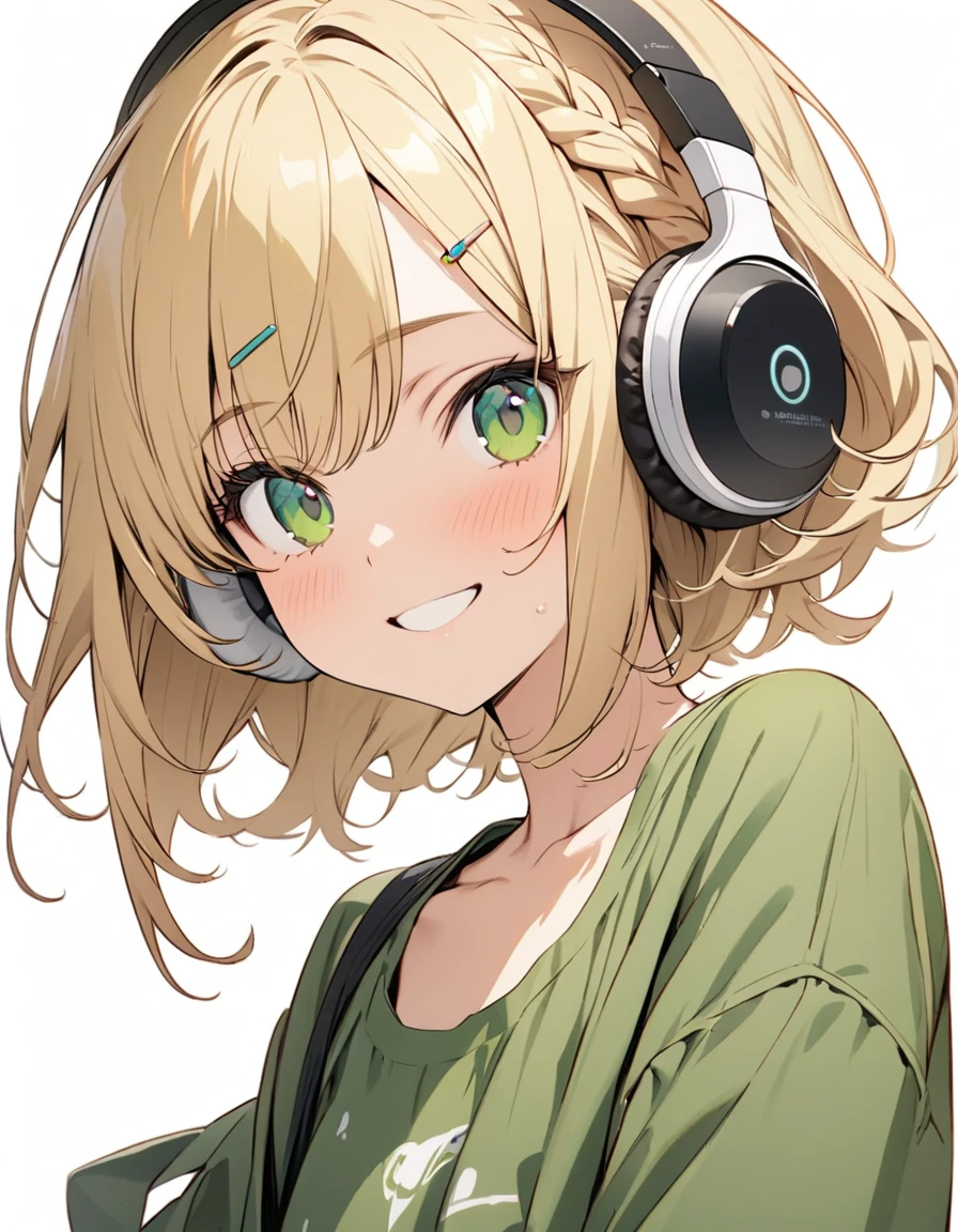 ((ultra-detailed))/one women, short blonde hair and bob hair.、beautiful green eyes、a braid, I tied my hair in a bun with a hair clip..、smile、gentle smile on her face、flat chest, one Beautiful girl,((masterpiece, illustration, best quality) ((ultra-detailed))/solid white background,blank background, while wearing wireless white headphones, full upper body, green blank shirt