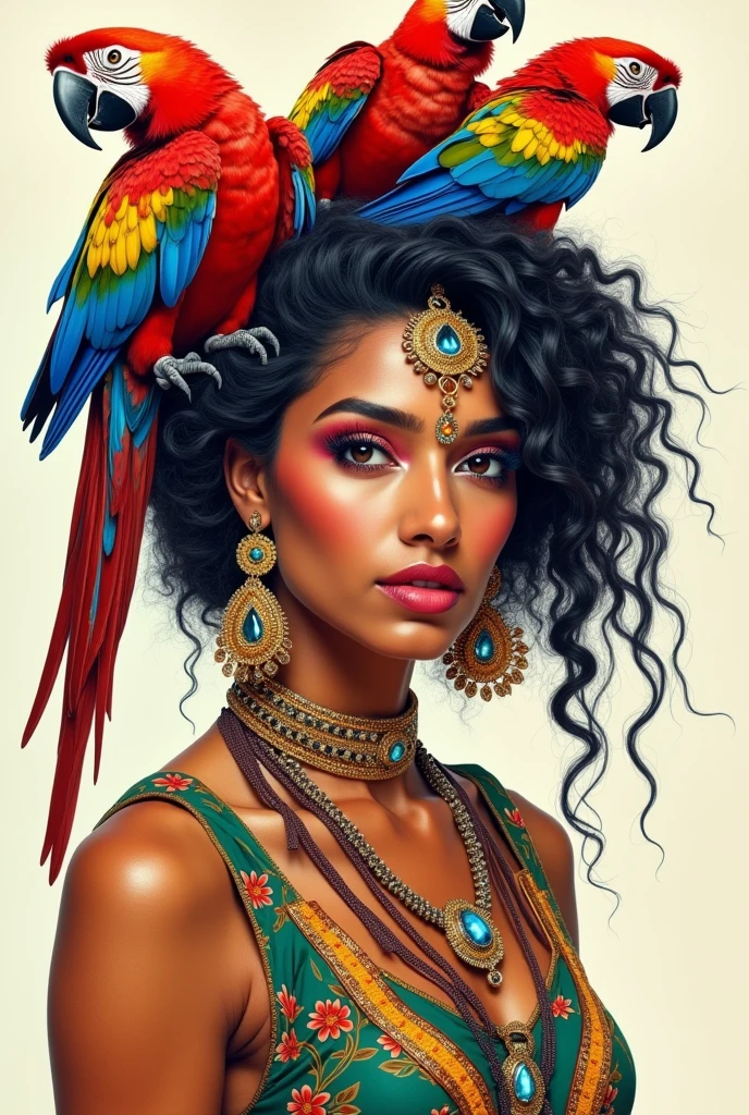 a beautiful Indian woman with macaws on her head , very colorful in drawing format, looking forward