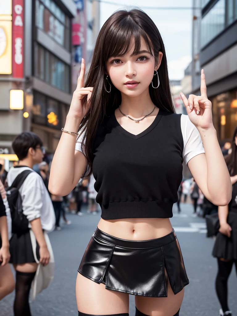 Product quality,1 girl,Cowboy Shot,Front view,Young and sexy Japanese girl,20-year-old,Harajuku,(Crowded street:1.4),Fashionable white shirt,wear,Fashionable bags,Fashionable necklaces,Fashionable earrings,((Black Ultra Short Micro Mini Skirt:1.5)),wear,Very cute face,Glossy Lips,Double eyelids on both eyes,(Natural Makeup),shiny smooth light brown long hair,,,Asymmetrical bangs,Center image,8k resolution,Attention to detail,Detailed hairstyle,Detailed face,Cinema Lighting,Octane Rendering,Ultra-realistic,Perfect limbs,(Detailed fingers:1.5),Beautiful legs,Voluptuous thighs,Huge breasts,Perfect Anatomy,(Model pose:1.3)
