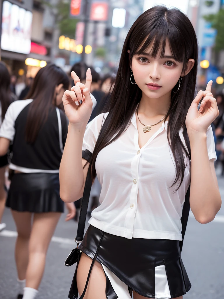 Product quality,1 girl,Cowboy Shot,Front view,Young and sexy Japanese girl,20-year-old,Harajuku,(Crowded street:1.4),Fashionable white shirt,wear,Fashionable bags,Fashionable necklaces,Fashionable earrings,((Black Ultra Short Micro Mini Skirt:1.5)),wear,Very cute face,Glossy Lips,Double eyelids on both eyes,(Natural Makeup),shiny smooth light brown long hair,,,Asymmetrical bangs,Center image,8k resolution,Attention to detail,Detailed hairstyle,Detailed face,Cinema Lighting,Octane Rendering,Ultra-realistic,Perfect limbs,(Detailed fingers:1.5),Beautiful legs,Voluptuous thighs,Huge breasts,Perfect Anatomy,(Model pose:1.3)
