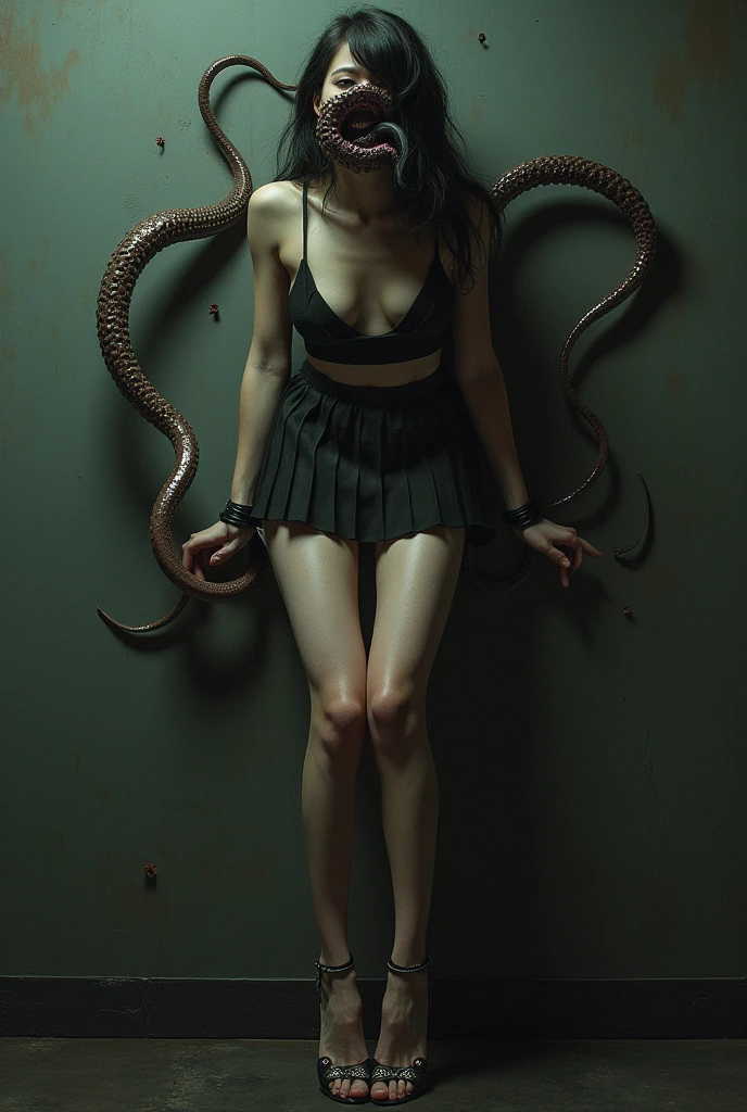 Hands tied together,Wearing a JK skirt,A pair of Valentino,Tentacles in mouth