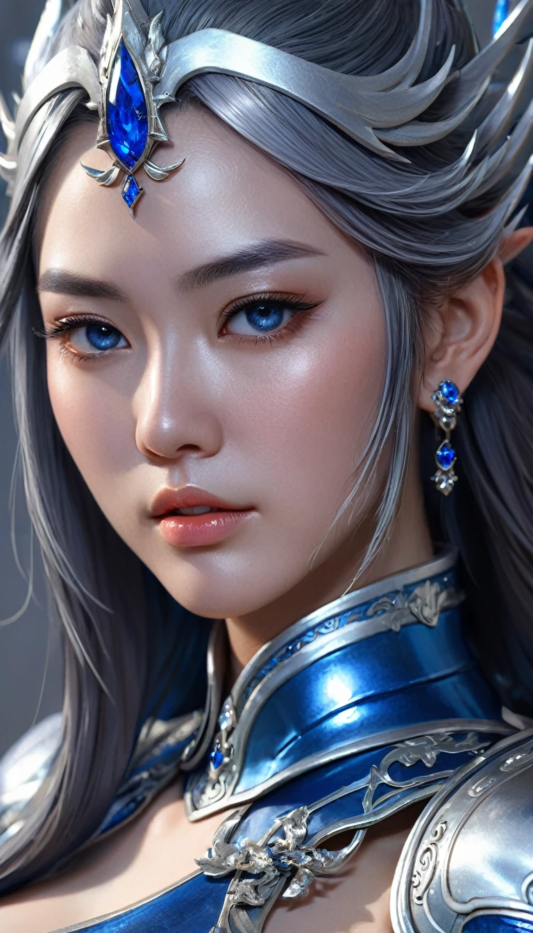 a close up of a woman in a silver and blue dress, chengwei pan on artstation, by Yang J, detailed fantasy art, stunning character art, fanart best artstation, epic exquisite character art, beautiful armor, extremely detailed artgerm, detailed digital anime art, artgerm on artstation pixiv, armor girl