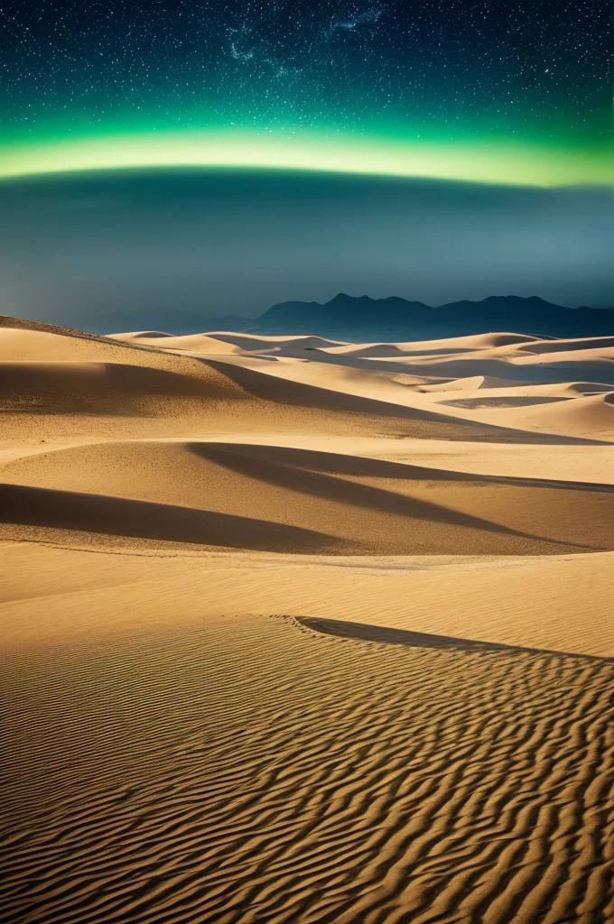 campfire, nighttime, starlight, stary night, magical landscape, green, shinning green, green lights, green reflections, emerald tones, emerald colors, emerald shimmering sand dunes in the distance, vast desert landscape at night, illuminating moonlight, dramatic stars, dramatic lighting, mountainous dunes in the distance, epic cinematic scale, raging storm, sandstorm, powerful winds, emerald sandstorm, emerald winds, intricate details, glimmering flats, one large mountain split in half, falling sand, sand like snow, green sand, (best quality,4k,8k,highres,masterpiece:1.2),ultra-detailed,(realistic,photorealistic,photo-realistic:1.37),cinematic lighting, vibrant colors, volumetric fog, dramatic shadows, sandy environment, sweeping horizon, windswept dunes, granular texture, mesmerizing patterns