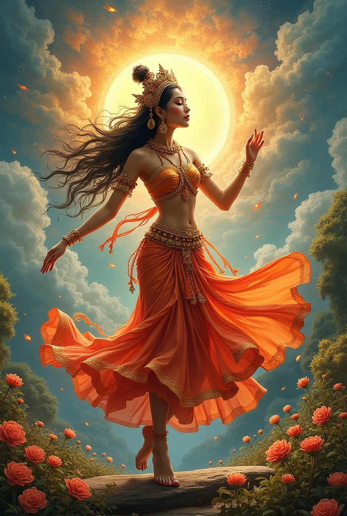 "Ramba the Apsara, dancing gracefully in the celestial gardens, her vibrant dress flowing with her every movement."