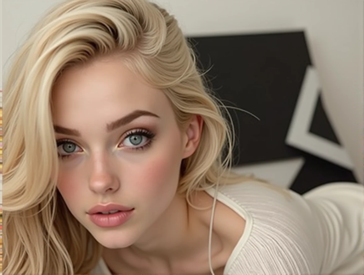 Natural photography of a beautiful girl, wearing a loose crop top, leaning over, long flowing blond hair, big bust, locks eyes into the camera, eyeshadow, symmetrical eyes, symmetrical face, photorealistic, photography, path tracing, specular lighting, volumetric face light, path traced hair, visible shadows, intricate, elaborate, book background