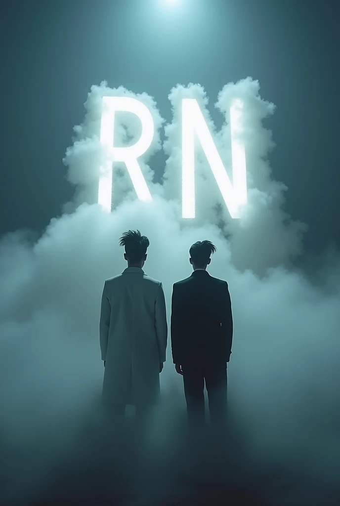 In the center of the image, Large initials &#39;RN&#39; materialize from white fluffy clouds. The scene is shrouded in a thick night fog that contributes to an eerie and ominous atmosphere.. Spotlight, Two Asian men stand with their backs to the camera. One is dressed in white and the other in black., both with their hair styled like idols, but with larger and more voluminous cuts, with modern and extravagant hairstyles. The letters are not illuminated, which intensifies the surreal and disturbing effect of the image. The color palette is somber, with shades of gray, dark blue and black, accentuating the terrifying and enigmatic atmosphere, and evoking a sense of unease and mystery.

