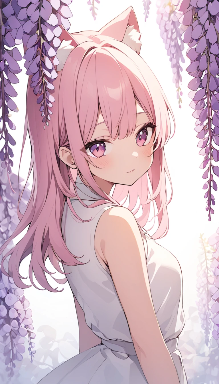 One girl, alone, Cute girl with pink hair, Pink Eyes, Wisteria flower background, Soft natural light, Cat ear, Sleeveless white shirt