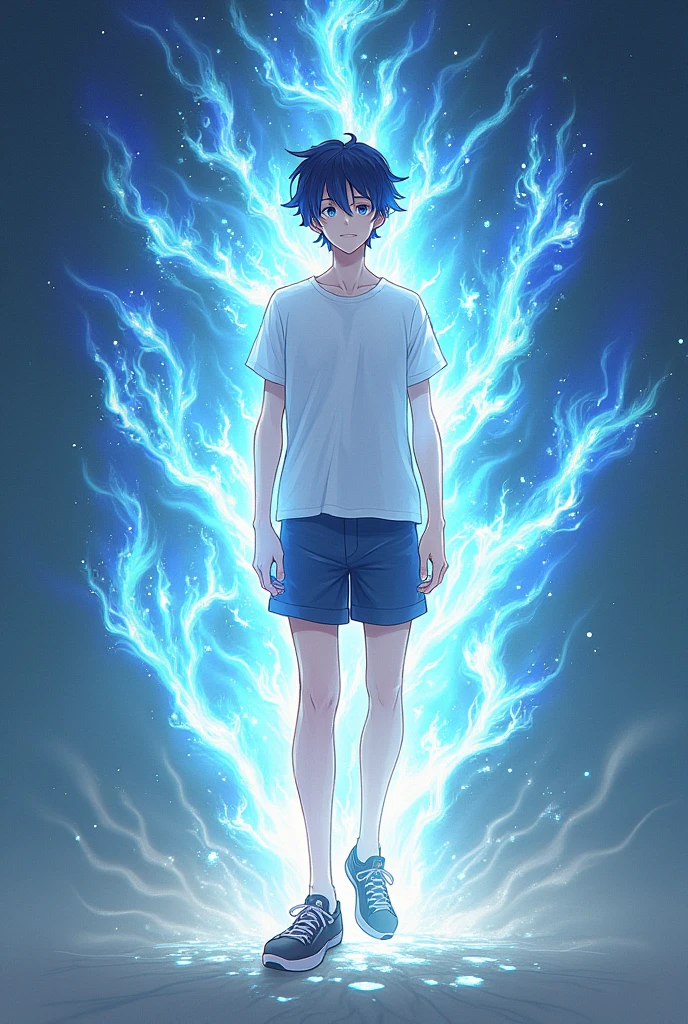 A 19 year old boy with light energy around him wearing shoes in anime style