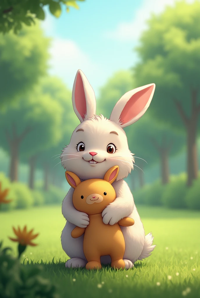 A more photorealistic image of A rabbit with a plush toy in a green and expansive park. not anime