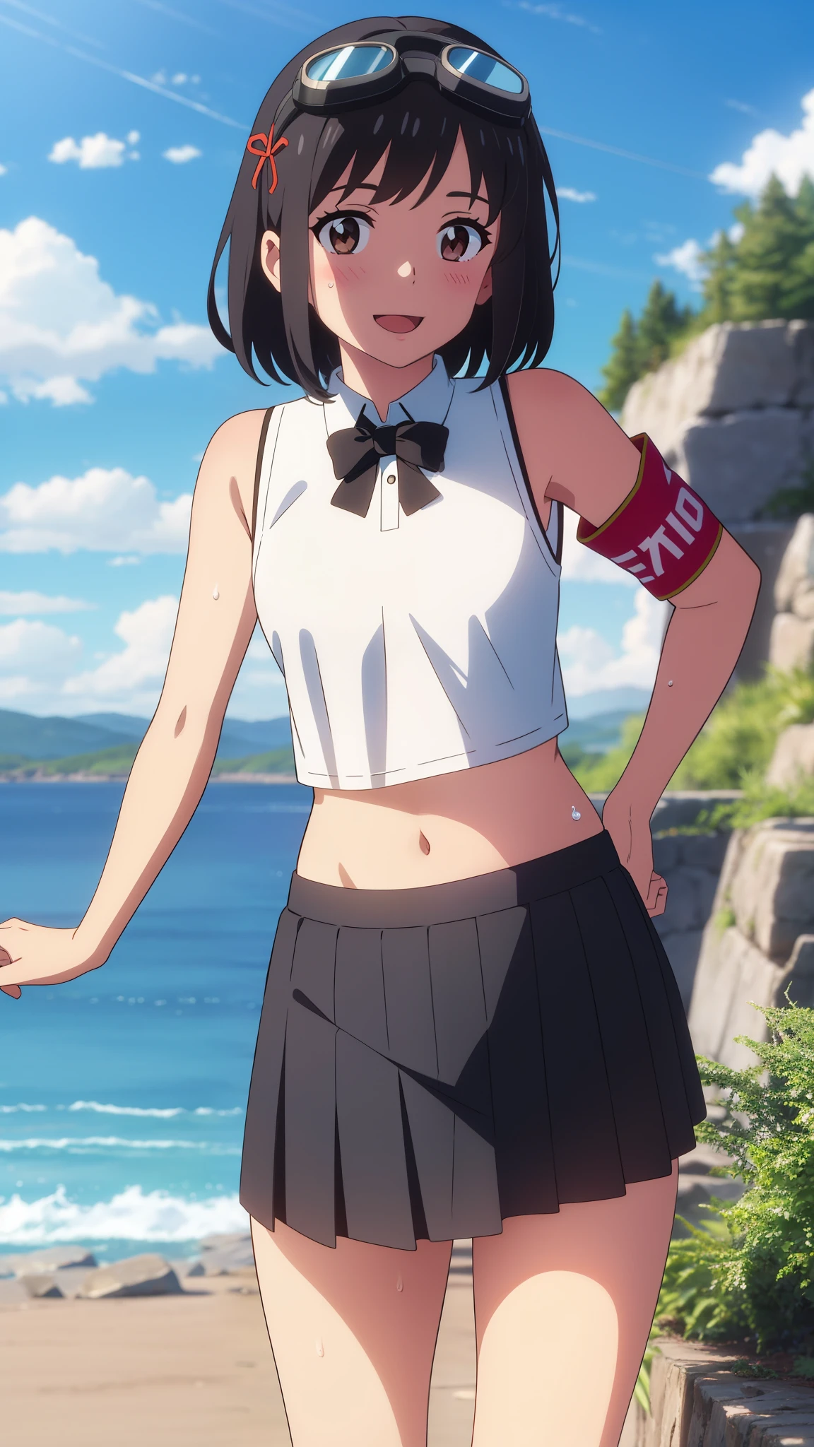 shinkai makoto, kimi no na wa., 1girl, bangs, black hair, blush, brown eyes, perfect face, perfect body, looking at the viewer, detached collar, red ribbon, short hair, solo, shinny skin, smile, cute, open mouth, :D, (masterpiece), best quality, hair ornaments, white crop top, bare shoulders, goggles on head, armband, black skirt, navel, cloudy, blue sky, mountains, rocks, standing, sweat, (masterpiece), best quality