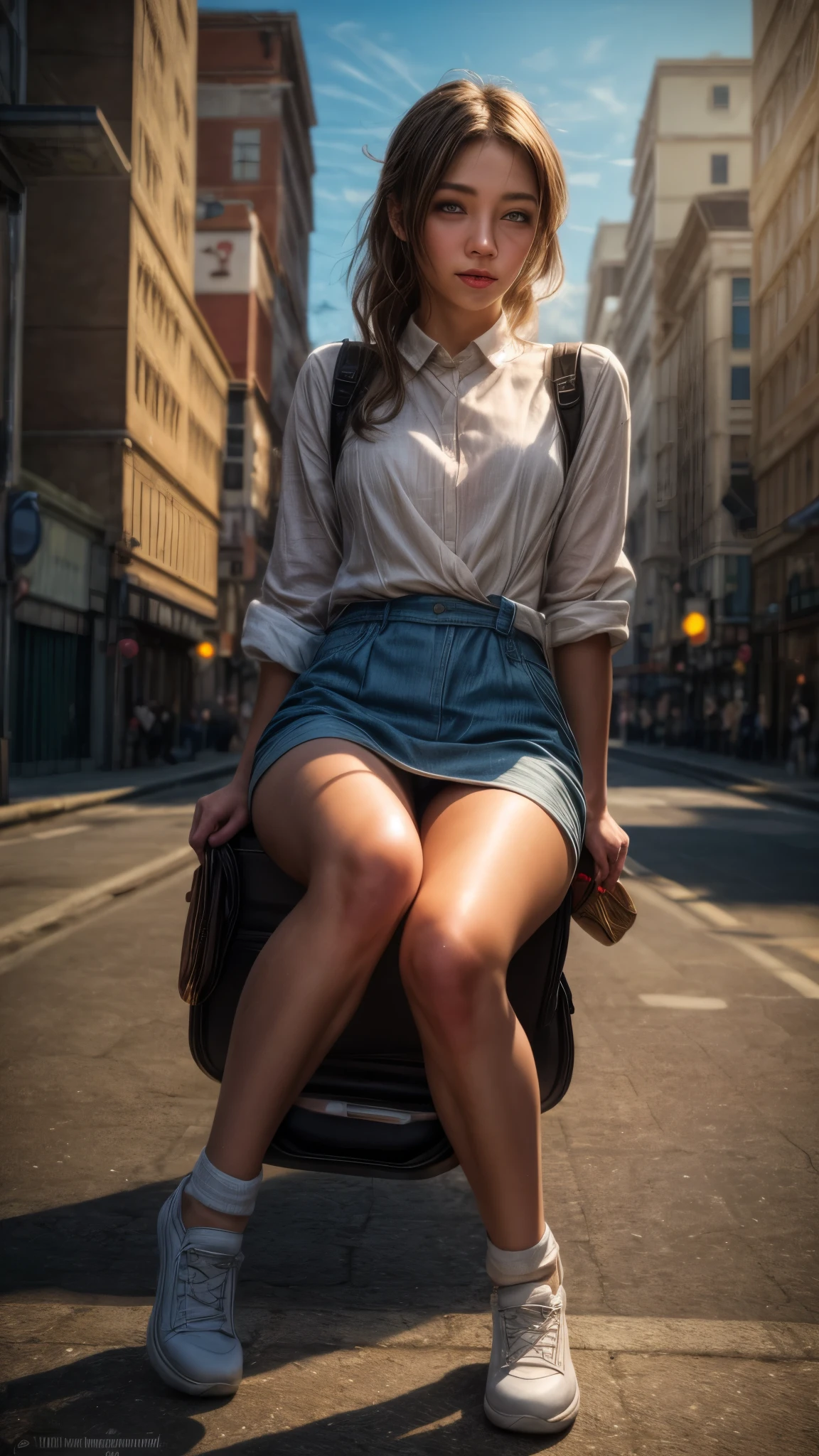 (([gorgeous Italian European woman sitting on a suitcase in the street])) woman has knees together, White shirt with rolled up sleeves, a white skirt. ... 手, perfect face, ((long black hairstyle)) ((Worried smile, worried look)) ((aged face)) ((complex skin)) ((shiny complexion)), white shirt, sfw, (YES SFW), (small eyes:1.5), white skirt, located in the center of the street, clear blue sky and clouds, sneackers, Hyperrealistic art cinematic film still photography in the style of detailed hyperrealism photoshoot. [Entire scene is surrounded by mist, evoking a mysterious and eerie atmosphere. The lighting is dark and atmospheric, with smoke adding a touch of sinister ambiance. Best quality image, HDR enhancement, showcasing the utmost level of detail and realism, full body shot:1.5]. [8K, Best Quality, Ultra High Resolution, (highly detailed CG unity 8k wallpaper), (best photo), (best shadows), isometric 3D, octane rendering, ray tracing, highly detailed, (Best quality, 4K, 8k:1.2), absurdity, ultra detailed, (realistic, photorealistic, photorealistic:1.37), complex parts, HDR, (complex parts:1.12), (hyper detailed, hyper realistic, Soft lighting, spicy:1.2), (complex parts, Hyper detailed:1.15). Blurred foreground. (backlit), masterpiece, high quality, brightness, chromatic aberration, foggy smoke, shadows, contrast, clear sky, (warm hue, warm tone), high details, natural reflections].