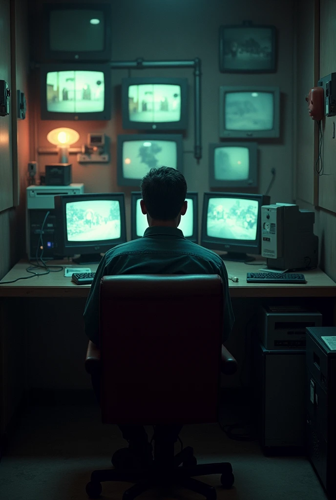 Make an eerie security office for a diner and make it grainy and like 1993 make it that it is the man in the security office's point of view