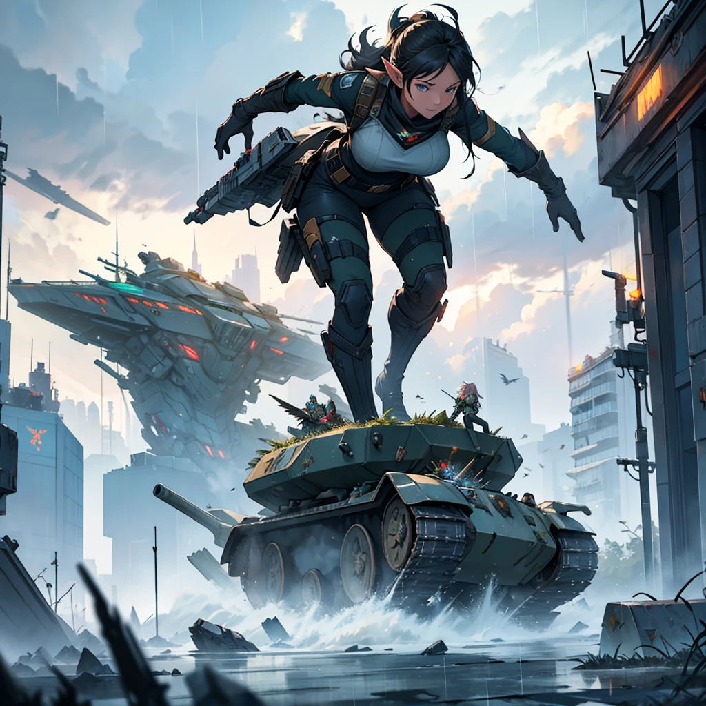 Fragments falling from the sky to a city cloudy sky impacts of alien fragments invasion, Frontline elves in combat spectacular view, great high quality artwork battle zone beast women with guns shooting, small capsules impacting the planet on a rainy day, Helicopters shooting from above and tanks from the ground