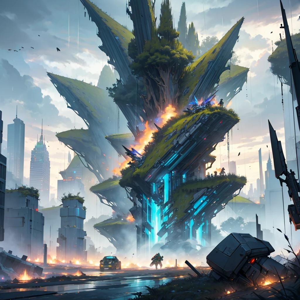 Fragments falling from the sky to a city cloudy sky impacts of alien fragments invasion, Frontline elves in combat spectacular view, great high quality artwork battle zone beast women with guns shooting, small capsules impacting the planet on a rainy day, Helicopters shooting from above and tanks from the ground