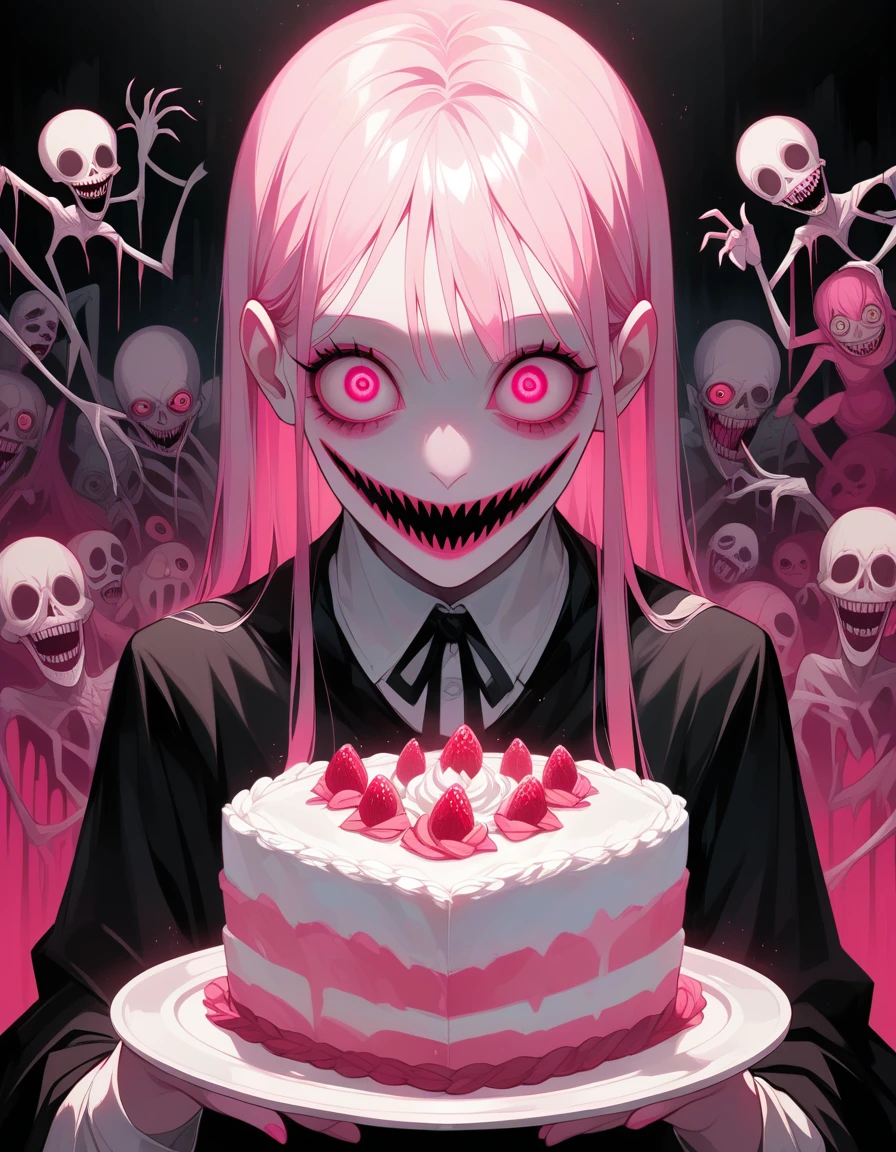 official art, unity 8k wallpaper, ultra detailed, beautiful and aesthetic, High quality, beautiful, masterpiece, best quality, , flat color, limited palette, low contrast, cake, pink, bright pastel colors, kawaii, (horror), eerie, in hell, creepy, best lighting, close up, close up cake
