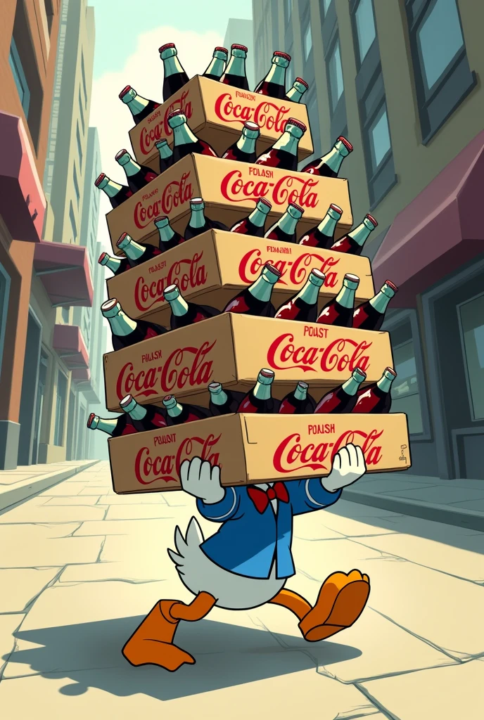 Donald Duck carries many boxes of Coca-Cola bottles