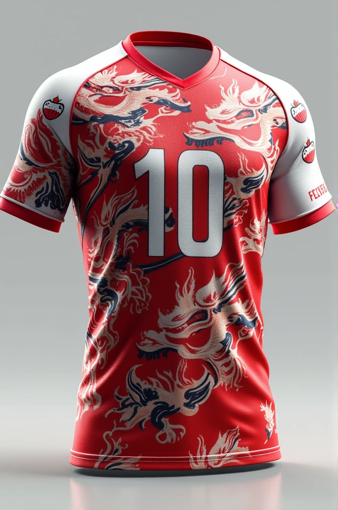 A number 10 shirt front and back with white and red colors full of dragons
