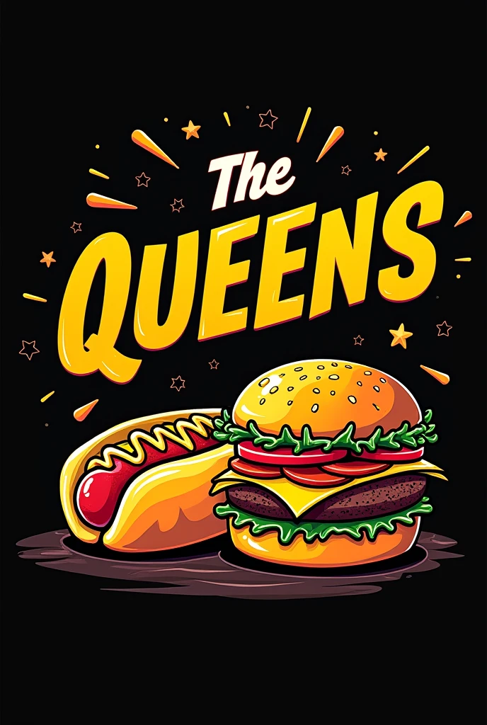 I want a hot dog and hamburger menu design with yellow details, orange and a black background bearing the name the Queens ,  
