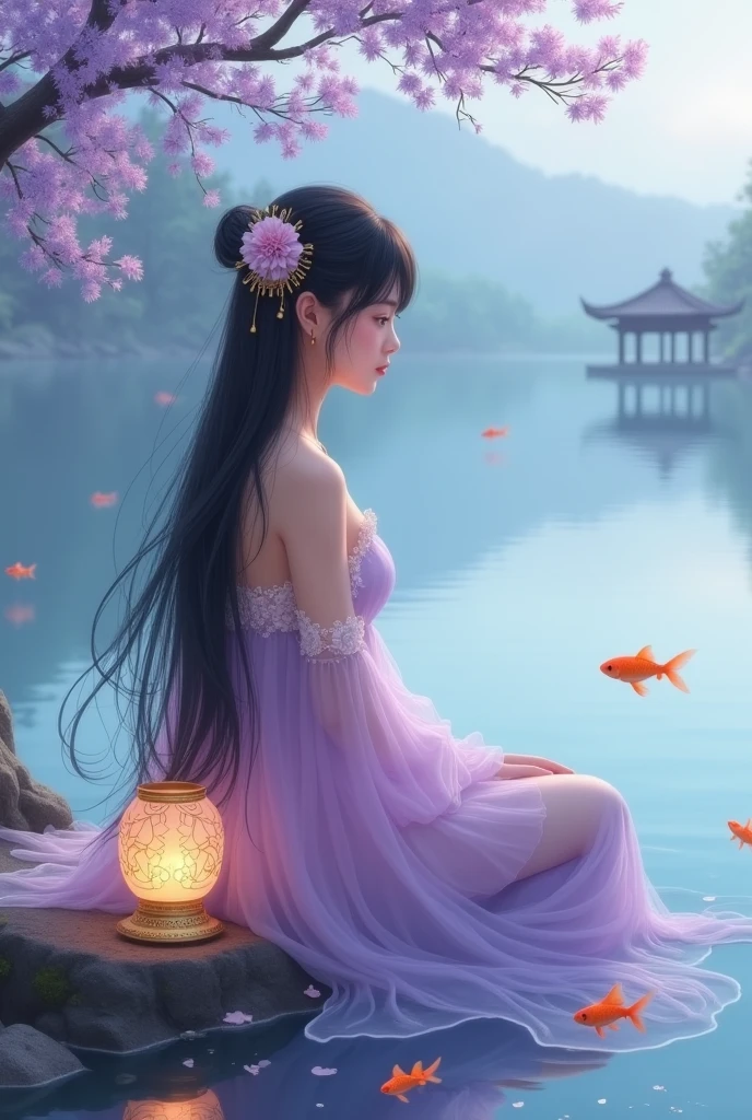 {
"prompt": "An ethereal scene with a young woman sitting by a tranquil lake. She wears a flowing gown of sheer, pastel lavender and pink fabrics. Her long dark hair is adorned with delicate gold hair ornaments shaped like flowers. In the misty background, a distant pagoda-style structure is visible. Small orange and goldfish swim in the clear reflective water. Overhead, branches with purple and lavender leaves add a whimsical touch. A glowing lantern with floral patterns rests by her side in the water, casting a warm, soft light. The setting blends traditional Asian art with fantasy elements, emphasizing tranquility and otherworldly beauty.",
"size": "1024x1792"
}