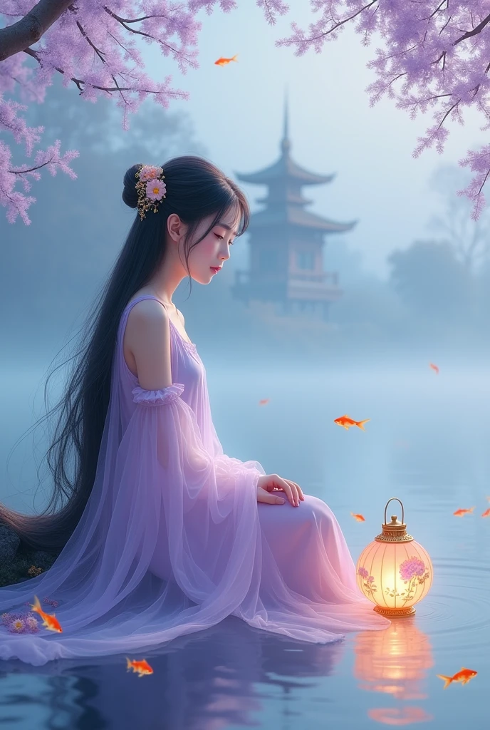 {
"prompt": "An ethereal scene with a young woman sitting by a tranquil lake. She wears a flowing gown of sheer, pastel lavender and pink fabrics. Her long dark hair is adorned with delicate gold hair ornaments shaped like flowers. In the misty background, a distant pagoda-style structure is visible. Small orange and goldfish swim in the clear reflective water. Overhead, branches with purple and lavender leaves add a whimsical touch. A glowing lantern with floral patterns rests by her side in the water, casting a warm, soft light. The setting blends traditional Asian art with fantasy elements, emphasizing tranquility and otherworldly beauty.",
"size": "1024x1792"
}