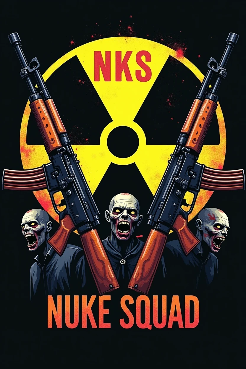 Create a logo with the nuclear radiation symbol, next to two AK47s pointed upwards. In the background zombies with blood. Below the logo written NUKE SQUAD, com fonte Times New Roman. Above the logo the acronym NKS.