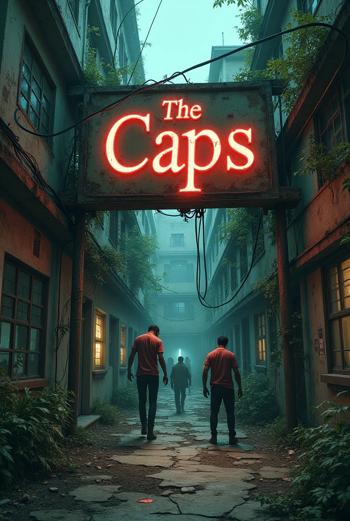 Create a madhouse on the outside with the sign called The caps, with crazy people below