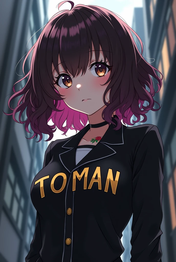 anime girl, Tokyo Revengers anime style. Dark brown hair, curly, medium, fuchsia highlights in hair, Pale skin, dark brown eyes. Toman gang uniform, dark and gold letters, Rose tattoo on the neck, with a callejon at the bottom, gang member