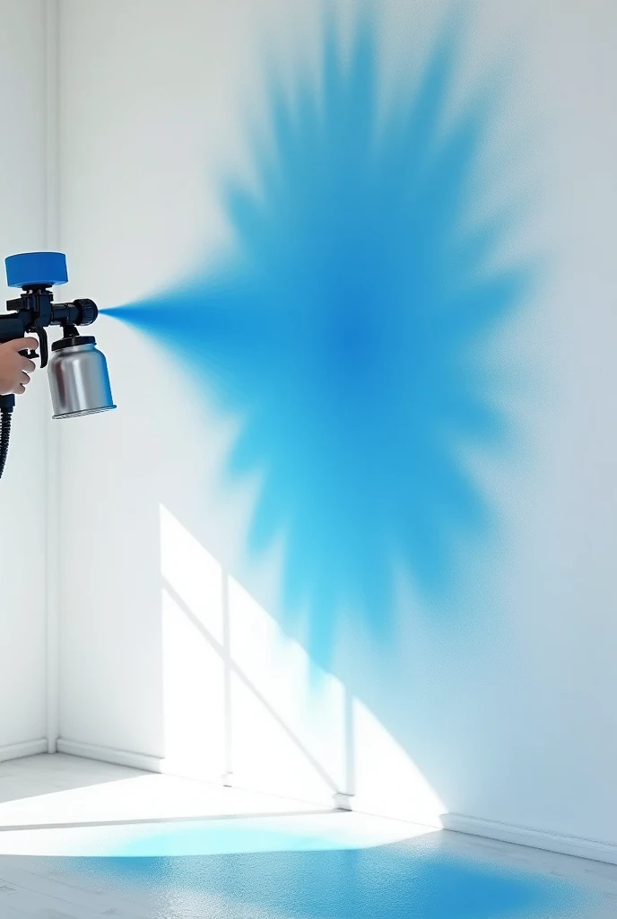 Painting a wall blue with a spray gun, without showing the painter
