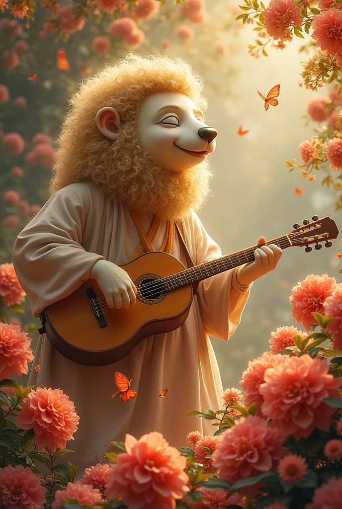 "Ramba singing melodious tunes, surrounded by blooming flowers in the heavenly courts of the Gods."