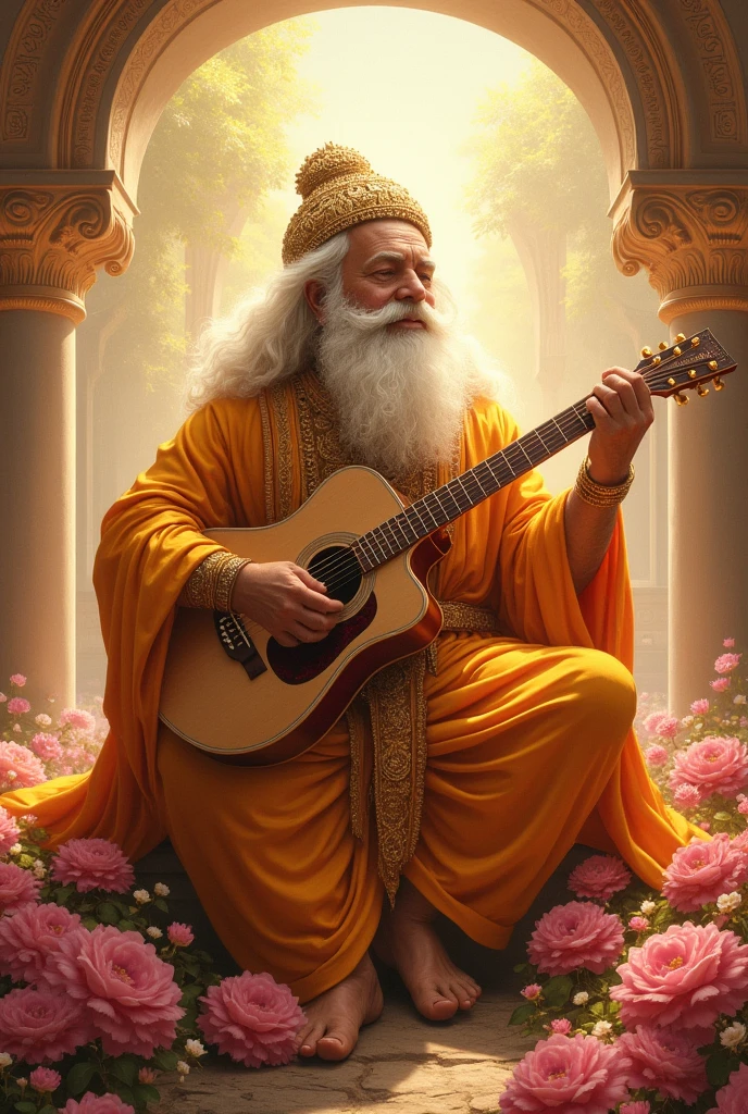"Ramba singing melodious tunes, surrounded by blooming flowers in the heavenly courts of the Gods."