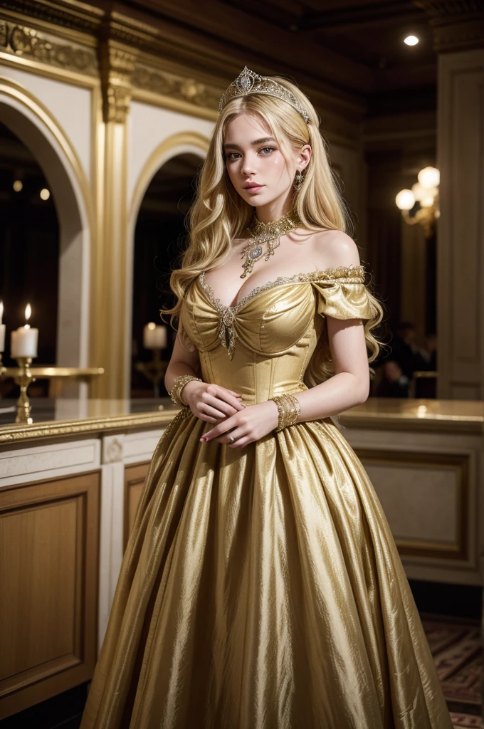 New York MET GALA, gilded glamour age 1875 dress, blonde woman