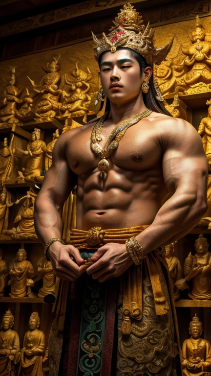 masterpiece,Best quality at best,UHD,8k wallpaper,actual,masterious,(realisticlying:1.4),1 Giant men,full bodyesbian, a housand Hands god, Guan yin  style , Multiple hands holding some holly chinese weapons, he is in an ancient style temple , fantastic dunhuang outfits, olot of jewelry detail, holly lighting ,, beautiful korean face with compassion 