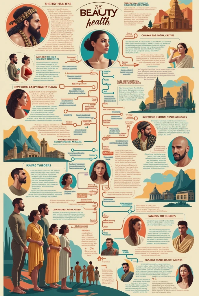I want an infographic about the journey of beauty and its effects on health from ancient times to the present day 