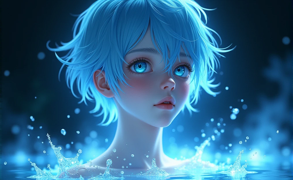 The image shows a younger male with delicate, androgynous features. The person has pale and smooth skin, with a serene and dreamy expression. His eyes are an intense and bright blue, with a look that seems lost in deep thoughts. The boy hair is short, flowing, and a bright blue that appears to be made of liquid light. It is soaked and falls in clumps that blend into the background, giving a sense of movement and fluidity. There is an ethereal lighting effect surrounding the boy. Flashes of blue and white light spread across the image, as if the person is surrounded by water or some kind of magical energy. Light reflections on the skin and hair reinforce this feeling that the boy is made of a liquid or crystalline material. The background is dark, which makes the light effects stand out even more. There is a play of light and shadow that adds depth and mystery to the scene. The style is very detailed and realistic, with a fantastic touch. The use of cool colors and lighting effects creates a dreamy and otherworldly atmosphere.