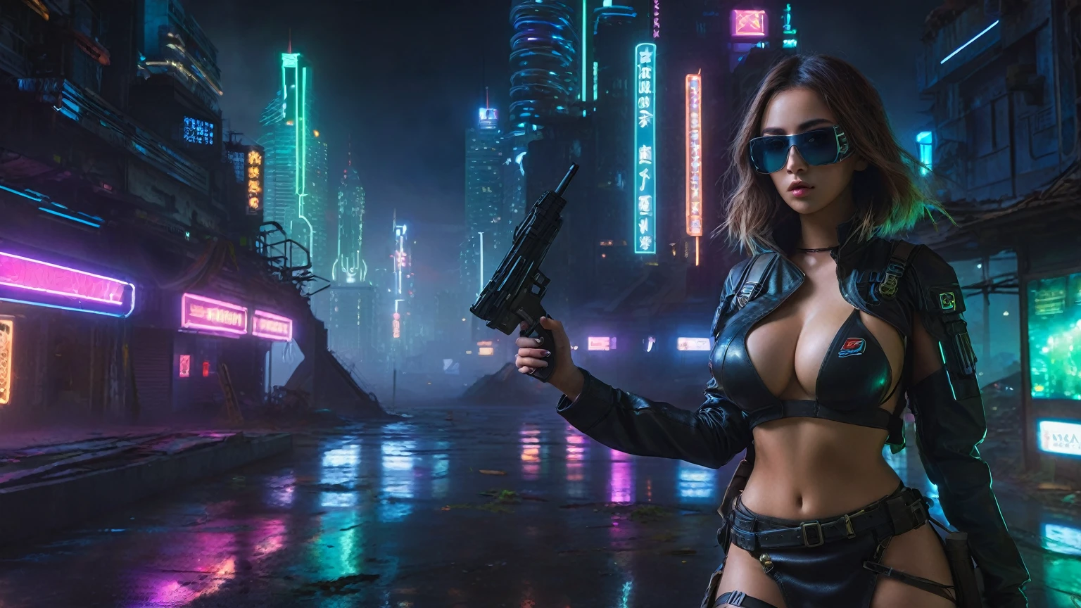 dark futuristic landscape, at night, neon lights, Atmospheric fog, large buildings in the background, futuristic city, streets with open shops, skyscraper (postapocalyptic city:1.3). (1girl, solo, alone), large-breast:1.2 slim body, cleavage:1.1, sexy miniskirt, (black sunglasses, holding a pistol), half-body thigh level medium shot, cinematic lighting, ray tracing.