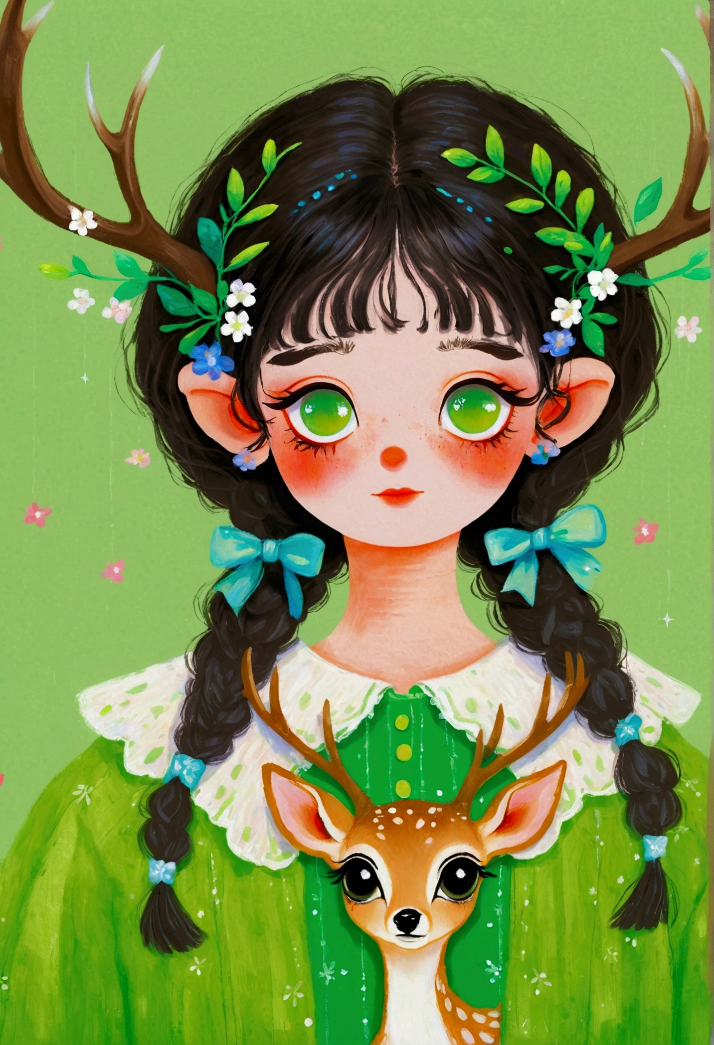 A painting，Pastel Art：Portrait of girl with deer antlers and green clothes, big eyes， Elf。Rich details，Fine hair