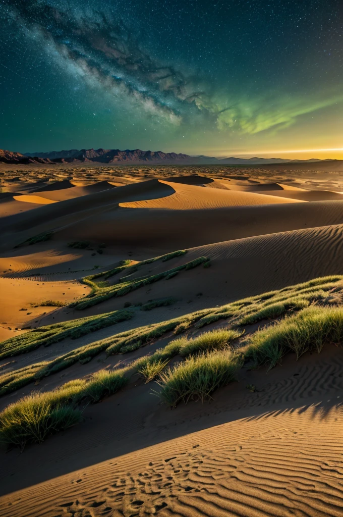 campfire, nighttime, starlight, stary night, magical landscape, green, shinning green, green lights, green reflections, emerald tones, emerald colors, emerald shimmering sand dunes in the distance, vast desert landscape at night, illuminating moonlight, dramatic stars, dramatic lighting, mountainous dunes in the distance, epic cinematic scale, raging storm, sandstorm, powerful winds, emerald sandstorm, emerald winds, intricate details, glimmering flats, one large mountain split in half, falling sand, sand like snow, green sand, (best quality,4k,8k,highres,masterpiece:1.2),ultra-detailed,(realistic,photorealistic,photo-realistic:1.37),cinematic lighting, vibrant colors, volumetric fog, dramatic shadows, sandy environment, sweeping horizon, windswept dunes, granular texture, mesmerizing patterns