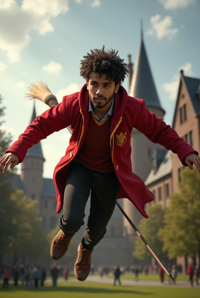 Generate an image of a young Latino, short dark curly hair and short full beard, wearing a Gryffindor quidditch uniform and riding a Nimbus broom 2001