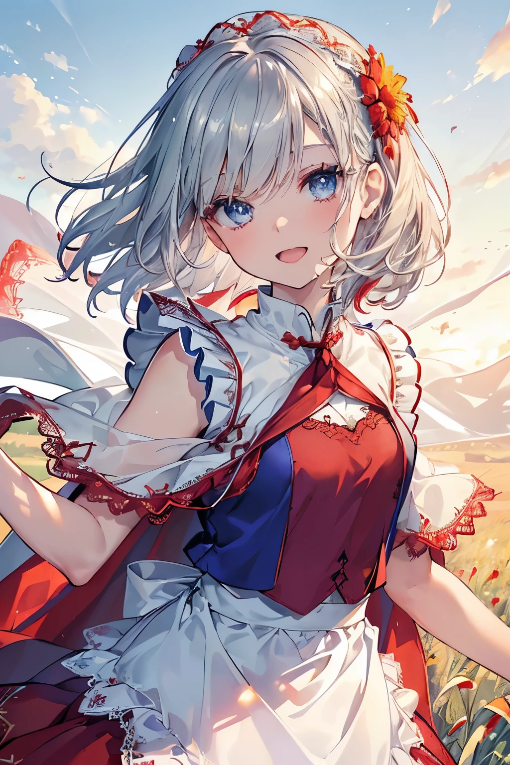 (Best quality,4K,8K,High resolution,Masterpiece:1.2),Super detailed,(Actual, Realistic),
break,
((Beautiful clear blue eyes:1.2)),very kind eyes,eyes wide open,beautiful eyelashes,beautiful lower eyelashes,
break,
((Beautiful and shiny silver hair:1.3)),A dazzling smile, a bursting smile, an open mouth laugh,
break,
((White blouse and red vest, long red skirt and short vest, cape shawl, and apron with embroidery and lace decorations:1.3)),
break,
very happily,((Skip:1.3)),((sunny grassland:1.3)),((bust shot)),zoom in,spread both arms