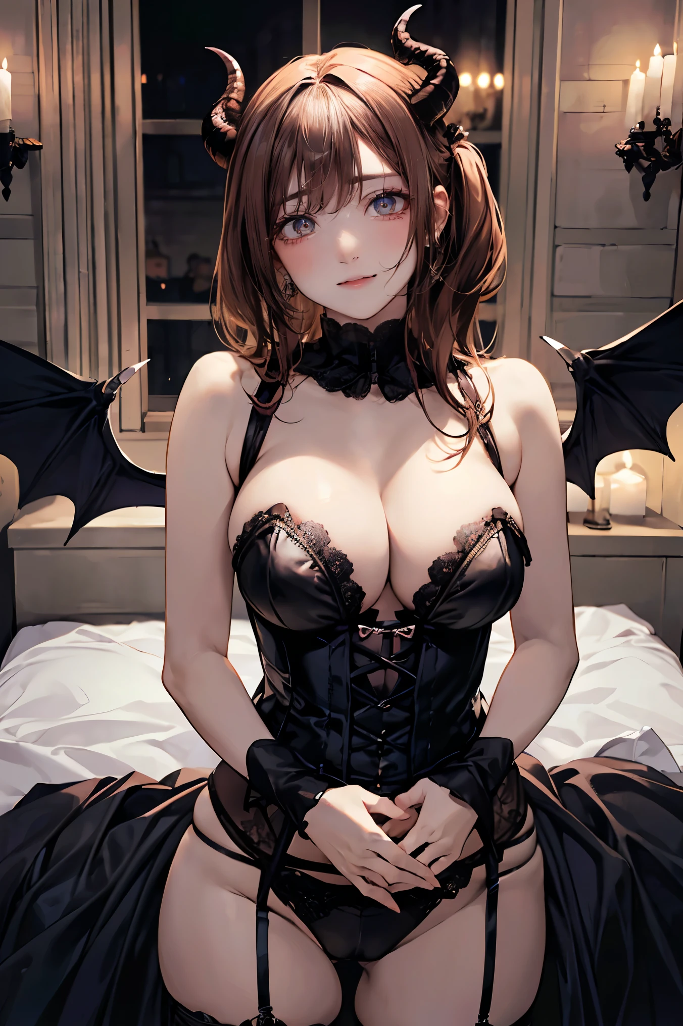 Highest quality, shape, Very detailed, In detail, High resolution, 8k wallpaper, Goat horns、Bat Wings、devil、Large Breasts,Cowboy Shot、(parted lips:1.3),(half open eyes:1.4),(feeling weak:1.5)、bed(Gothic、skull、Candles)、Leather corset、cameltoe、vibrator 、