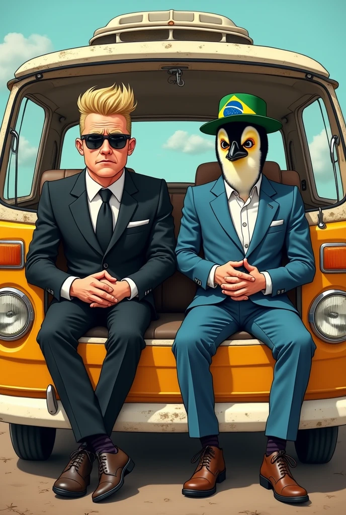 Cartoon style, Two guys inside an old van, the view is from the front, one of the guys is dressed in a black suit, dark glasses and a blond quiff, the other guy wears the same suit but wears a mask of the character Pingo, the penguin, and a hat with the Brazilian flag, both guys are sad.